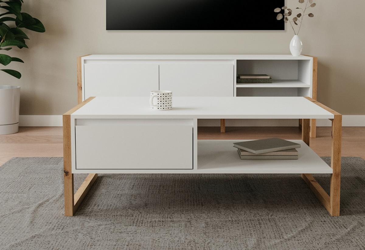 COUCHTISCH weiß, Eiche Artisan 100 cm, Wohnzimmertisch mit Stauraum - Weiß/Eiche Artisan, Holzwerkstoff (55/100/40cm) - Furn.Design