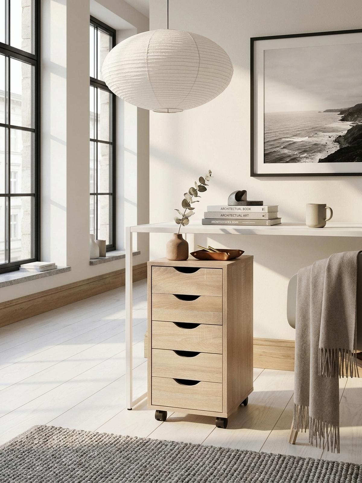 ROLLCONTAINER – MDF-Holz, Sonoma, 5 Schubladen, Rollen, für Büro oder Wohnzimmer - Beige/Schwarz, Holz/Kunststoff (38/64/33cm) - KADIMA DESIGN