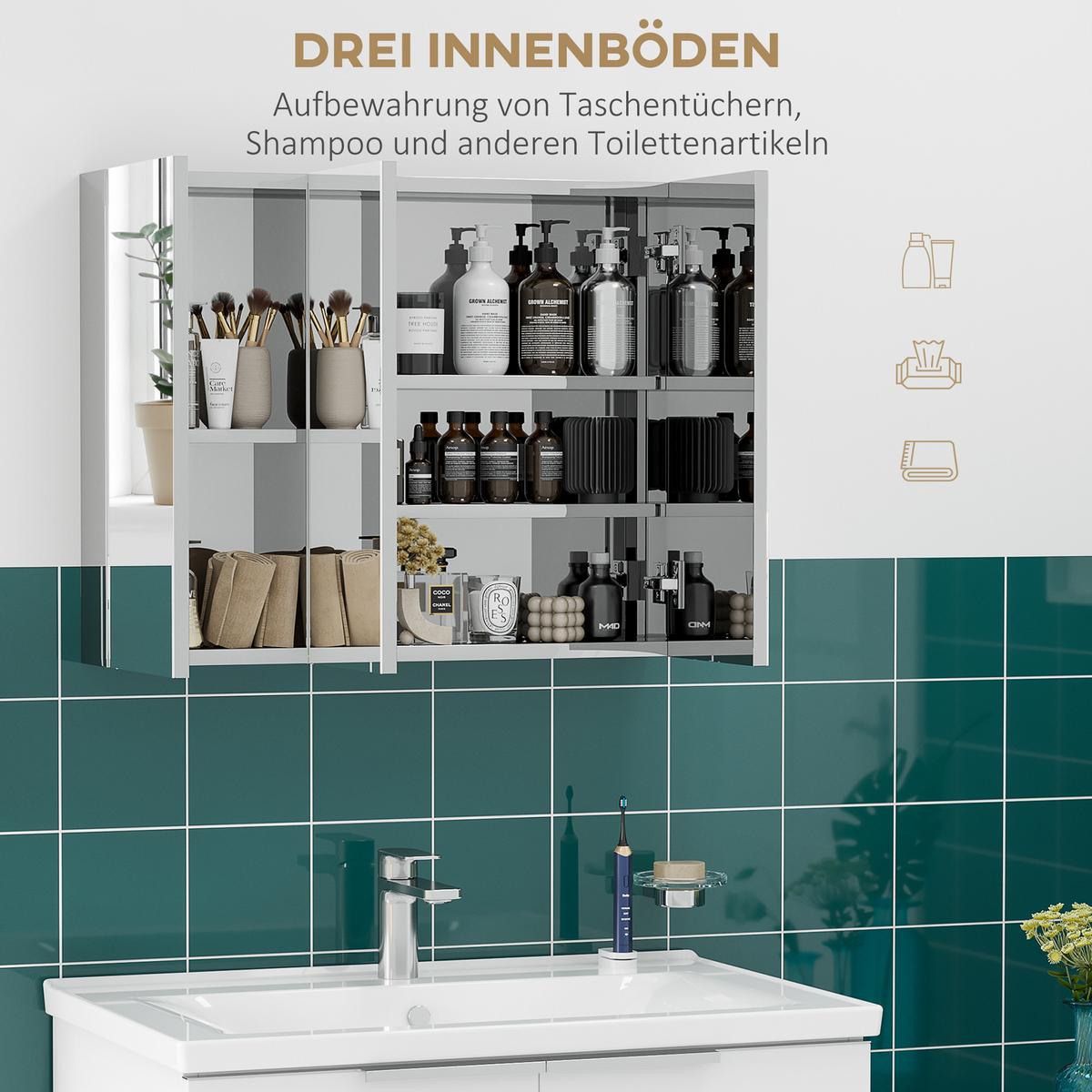 SPIEGELSCHRANK mit 5 Ablagen, 3 Glastüren, Edelstahl, 70 x 12 x 55 cm, Silber - Silberfarben, Glas (70/55/12cm) - Kleankin