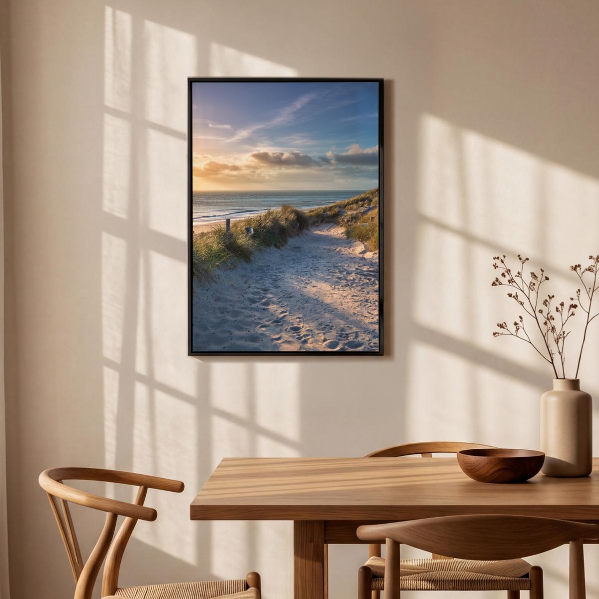 LEINWAND Bilder mit Rahmen - Sonnenuntergang - Strand - Düne - Gras - Ufer - 60x90 - Sandfarben, Textil (60/90cm) - MuchoWow