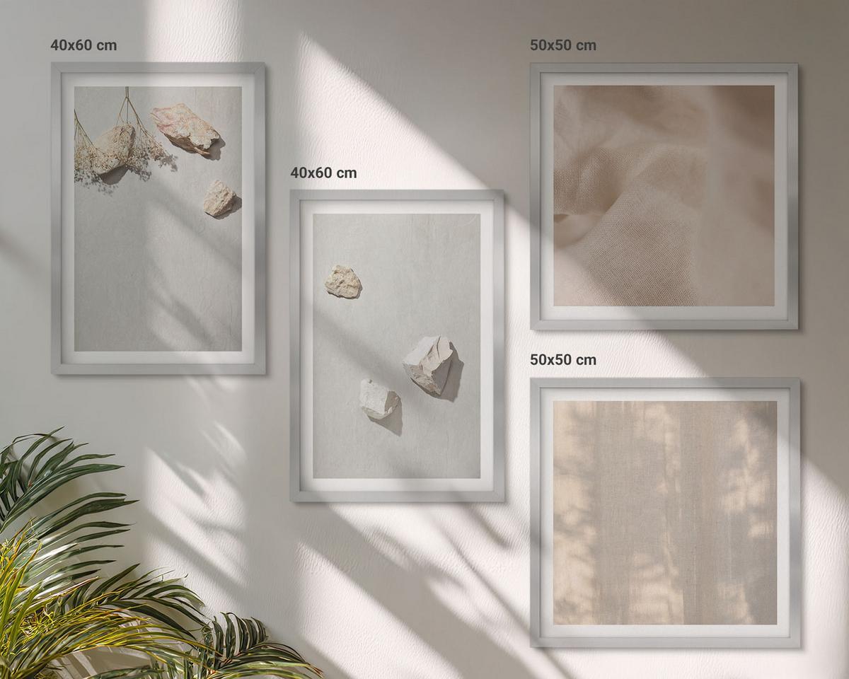 BILDER SET 4er Set - 50x50 cm & 40x60 cm Silberner Rahmen - Boho-Stranddekorationen aus Steinen - Silberfarben, Kunststoff (50/50cm) - TULUP