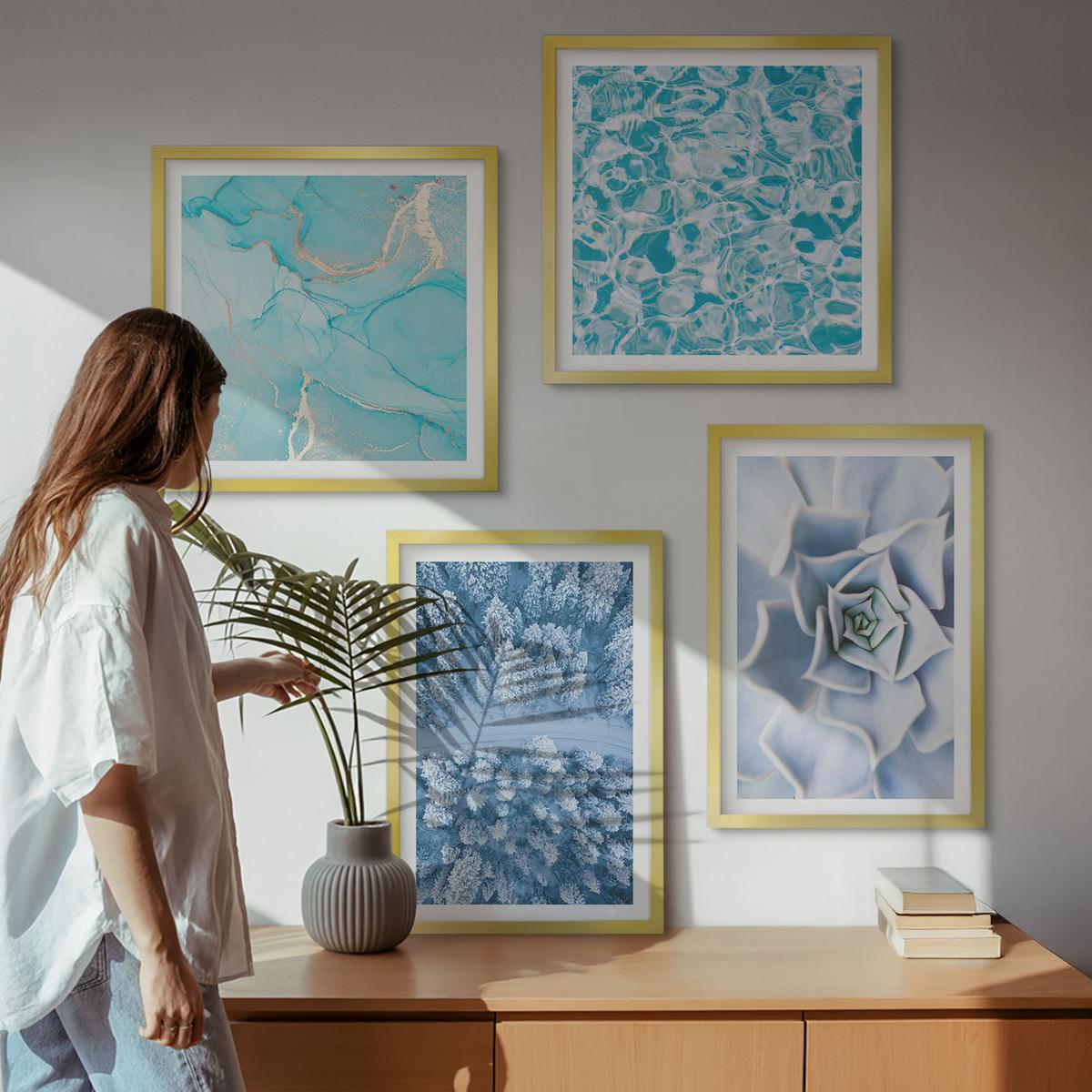 BILDER SET 4er Set - 50x50 cm & 40x60 cm Goldrahmen - Winterwald-Blaublume - Goldfarben, Kunststoff (50/50cm) - TULUP