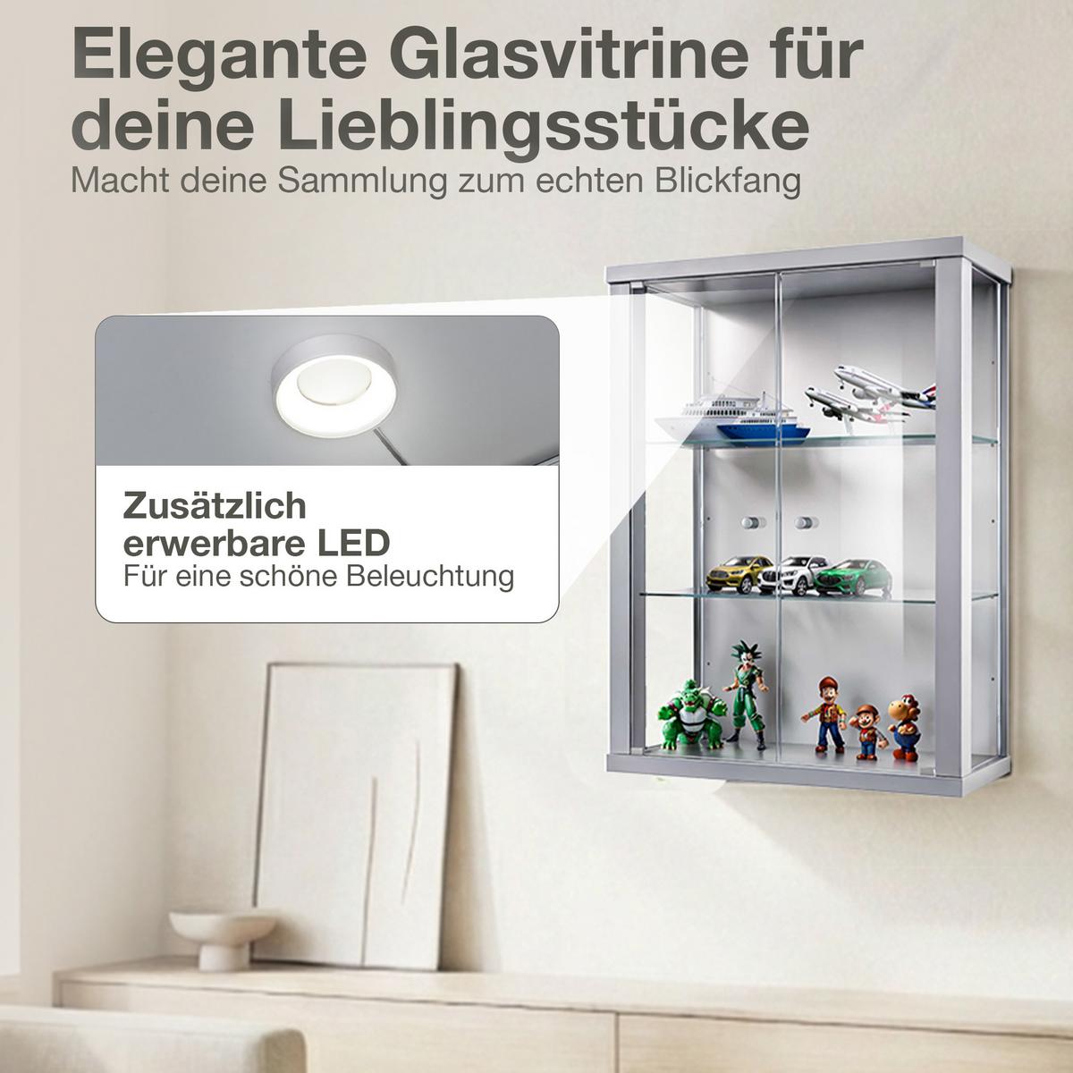 HÄNGEVITRINE 25/60/80 cm mit 2 höhenverstellbaren Glasböden - Transparent/Silberfarben, Glas/Holzwerkstoff (60/80/25cm) - K-Möbel
