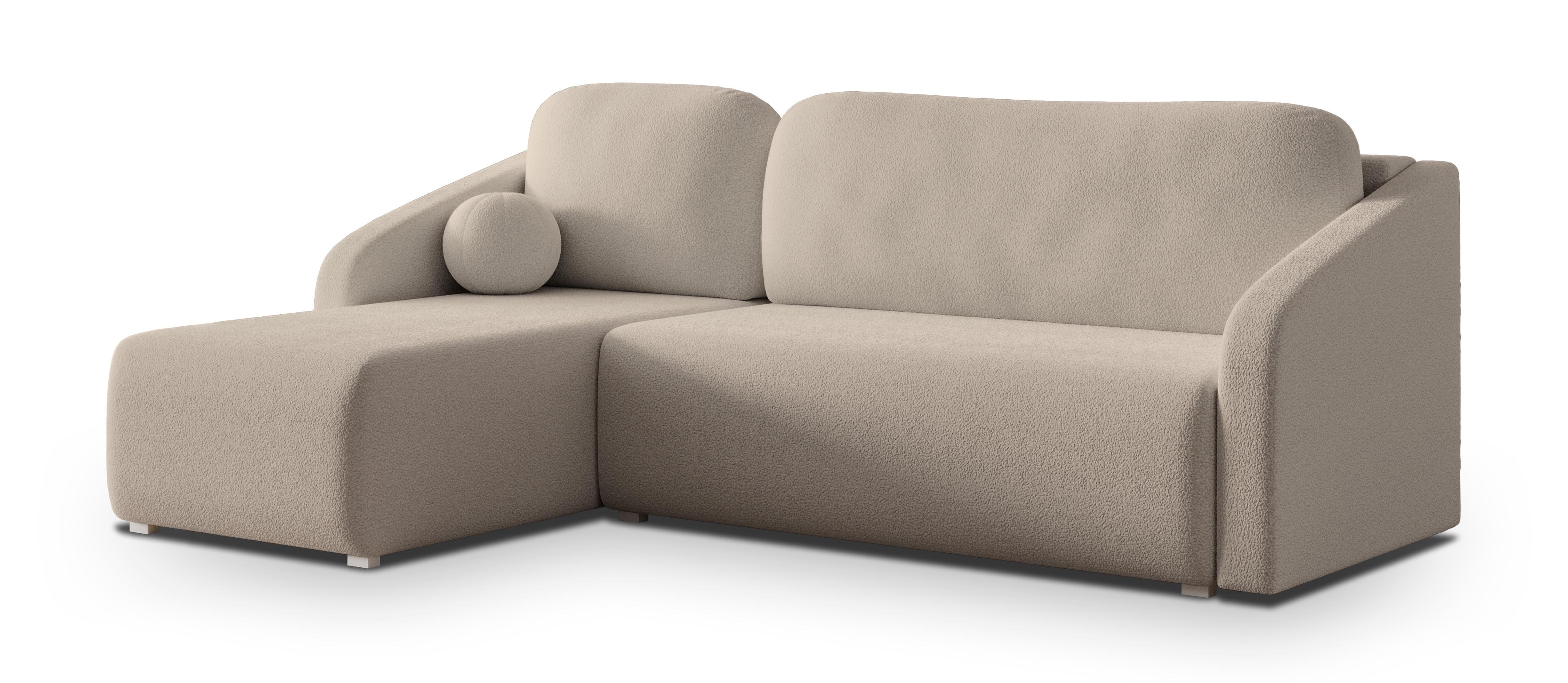 ECKSOFA MARELLO Beige Boucle-Stoff mit Schlaffunktion - Beige, Holz (220/143cm) - MASSENO