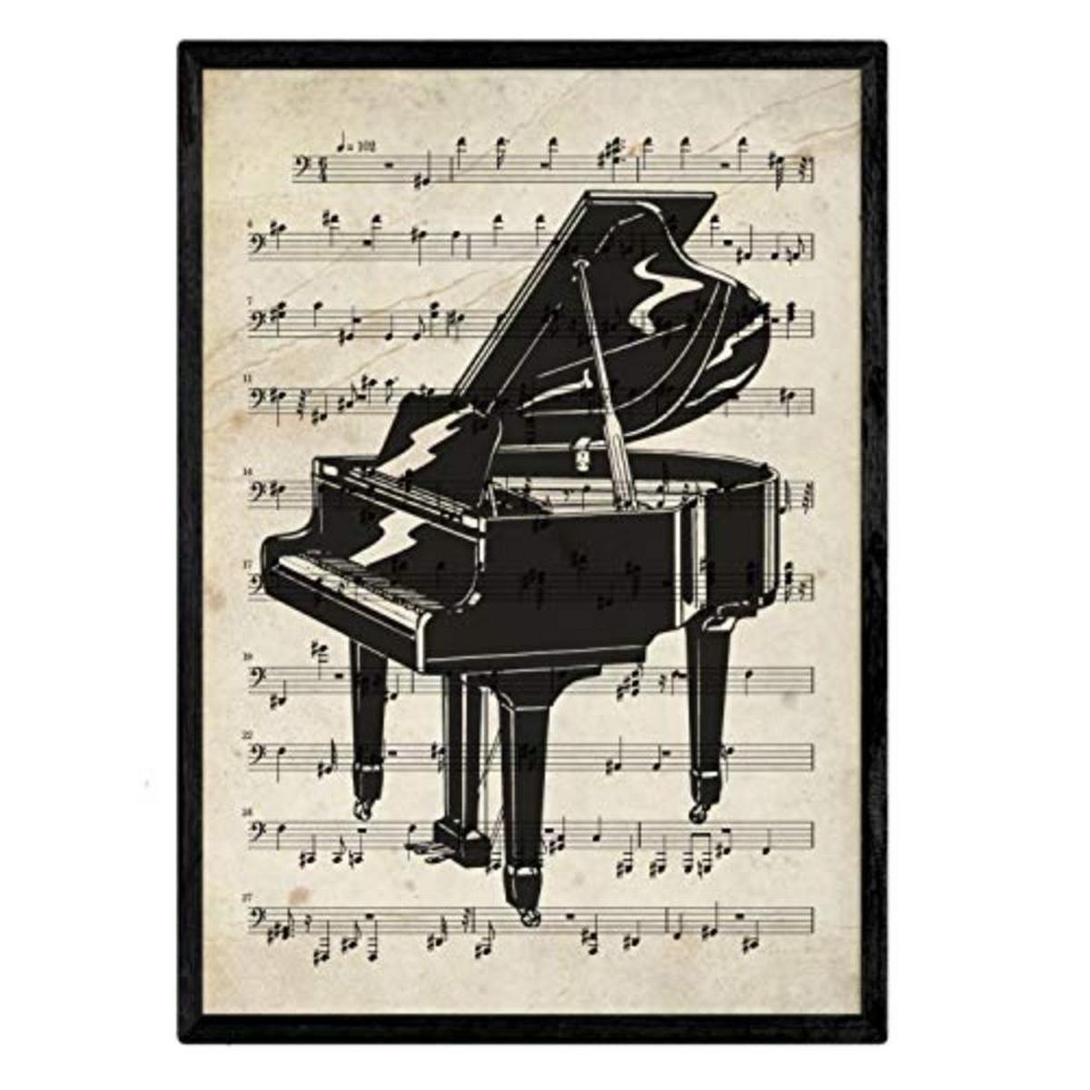 POSTER Set mit 4 Instrumente mit Noten Klavier, Geige, Cello, Akkordeon A4 Schwarzer Rahmen - Schwarz, Papier (29.7/3cm) - Nacnic