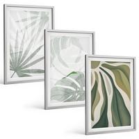 BILDER SET 3er Set - 40x60 cm Silberner Rahmen - Blätter von Pflanzen in Grün und Grau - Silberfarben, Kunststoff (40/60cm) - TULUP