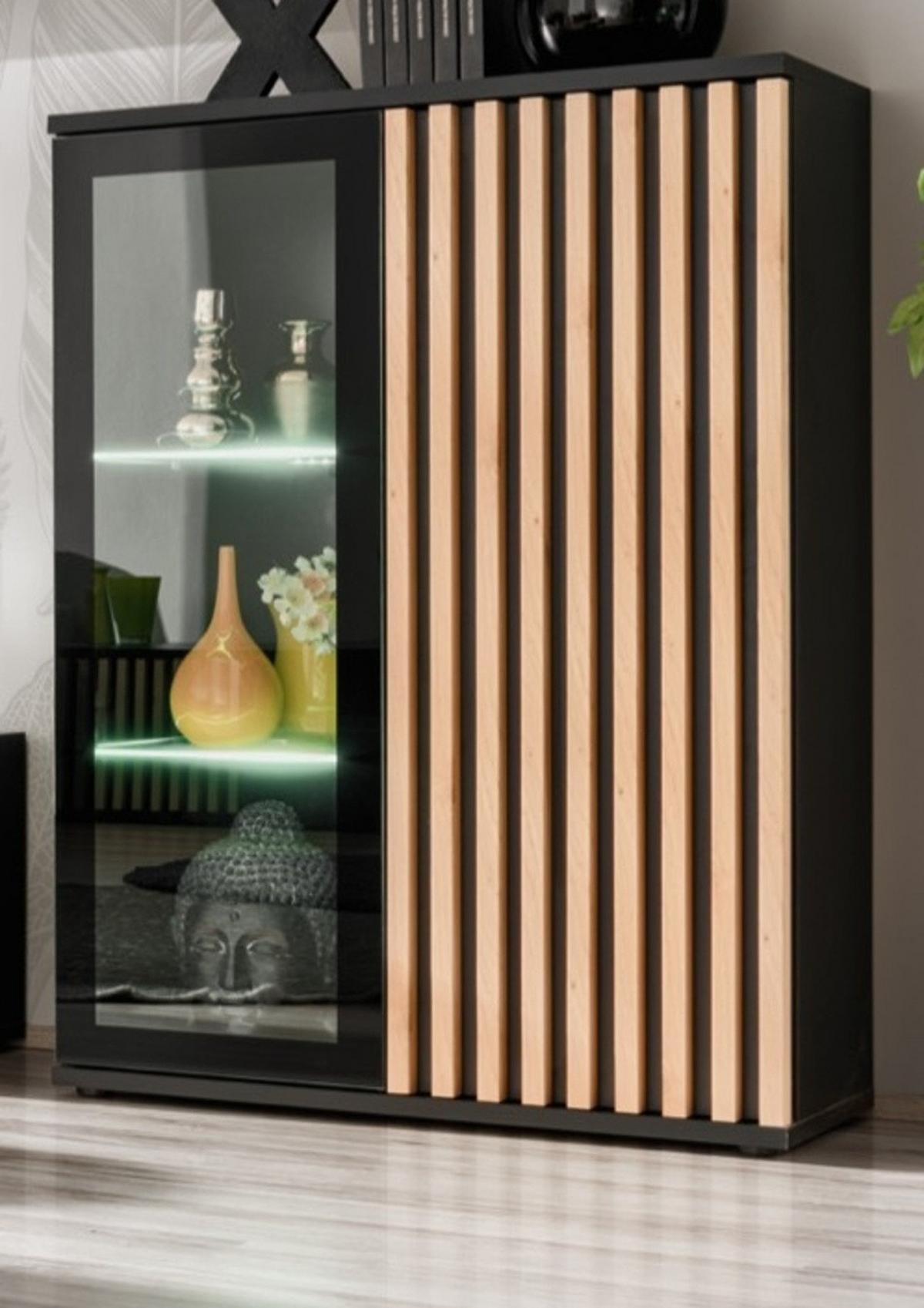 VITRINE schwarz, Eiche Jackson 80 cm, Vitrinenschrank mit 3D-Lamellen inklusive Beleuchtung - Eichefarben/Schwarz, Glas/Holzwerkstoff (80/118/40cm) - Furn.Design