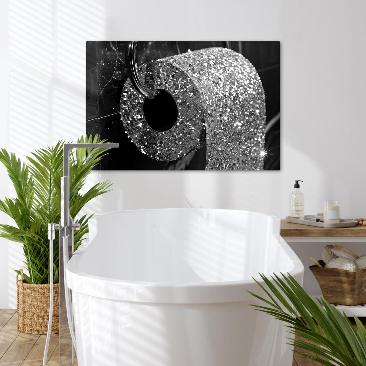 LEINWANDBILD WC - Toilettenpapier - Schwarz und weiß - Glitter Wanddeko 90x60 cm - Silberfarben, Textil (90/60cm) - MuchoWow
