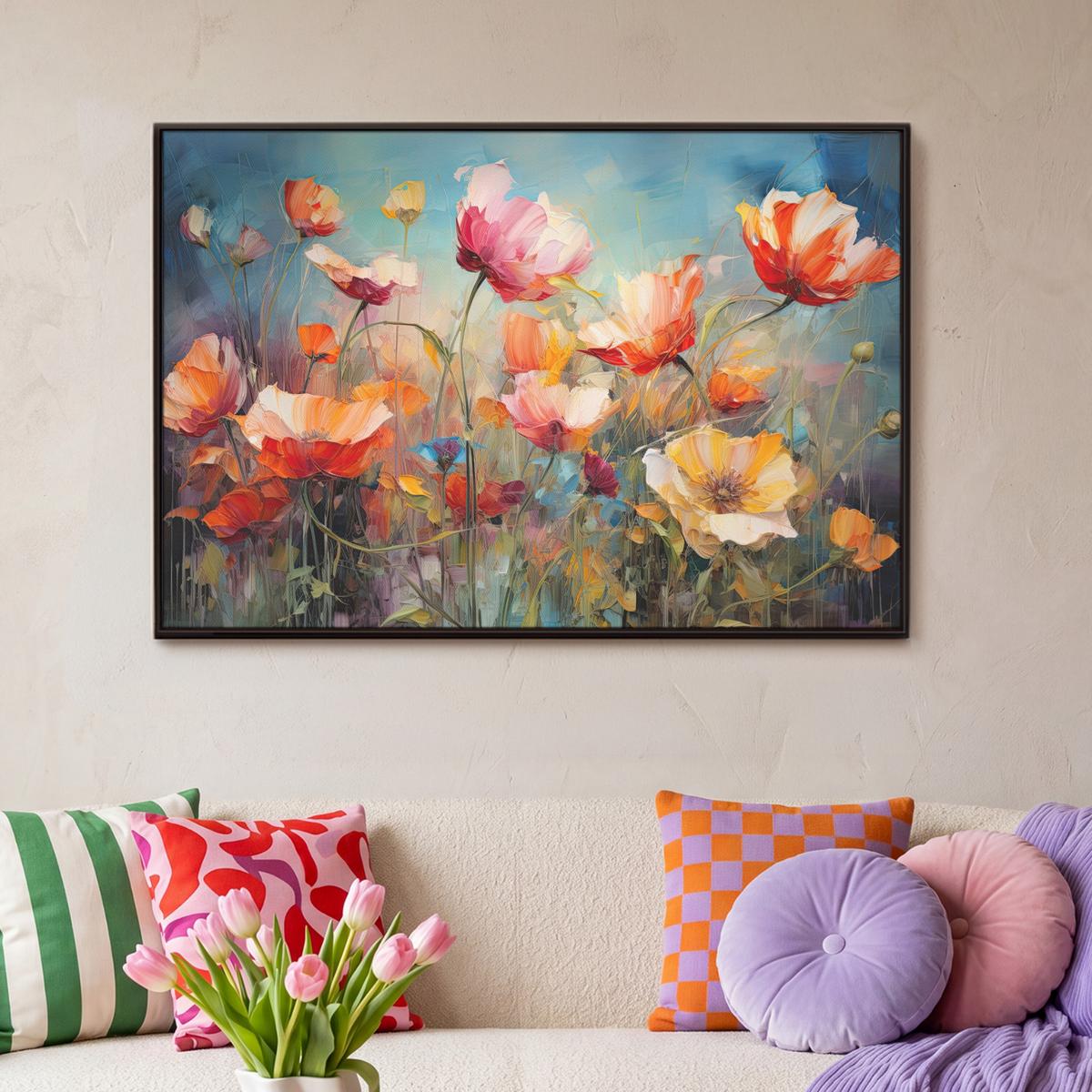 LEINWAND Bilder mit Rahmen - Blumen - Aquarell - Kunst - Botanisch - Natur - 90x60 - Orange, Textil (90/60cm) - MuchoWow