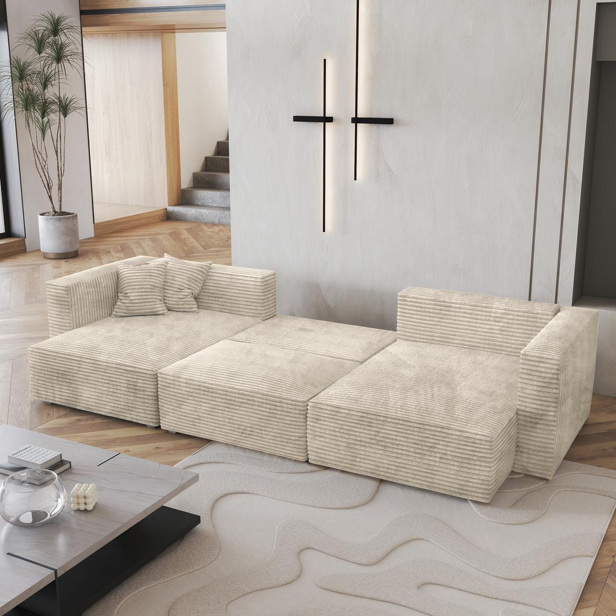 WOHNLANDSCHAFT SARMO Creme Kordstoff mit Schlaffunktion - Creme/Grau, Holz/Kunststoff (347/90/148cm) - MASSENO