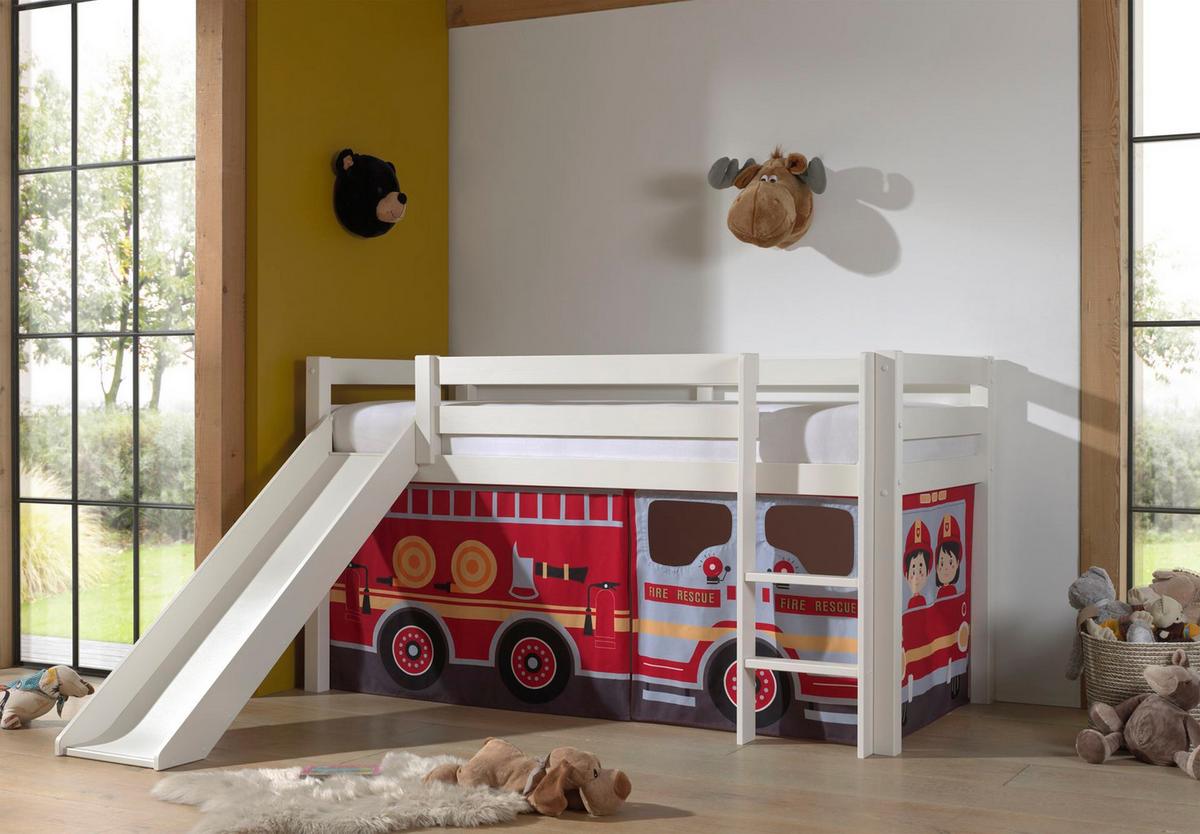 HOCHBETT mit Rutsche Karolina Massivholz Weiß Textilset Feuerwehr - Weiß/Dunkelrot, Holz (90/200cm) - 58aufmkessel