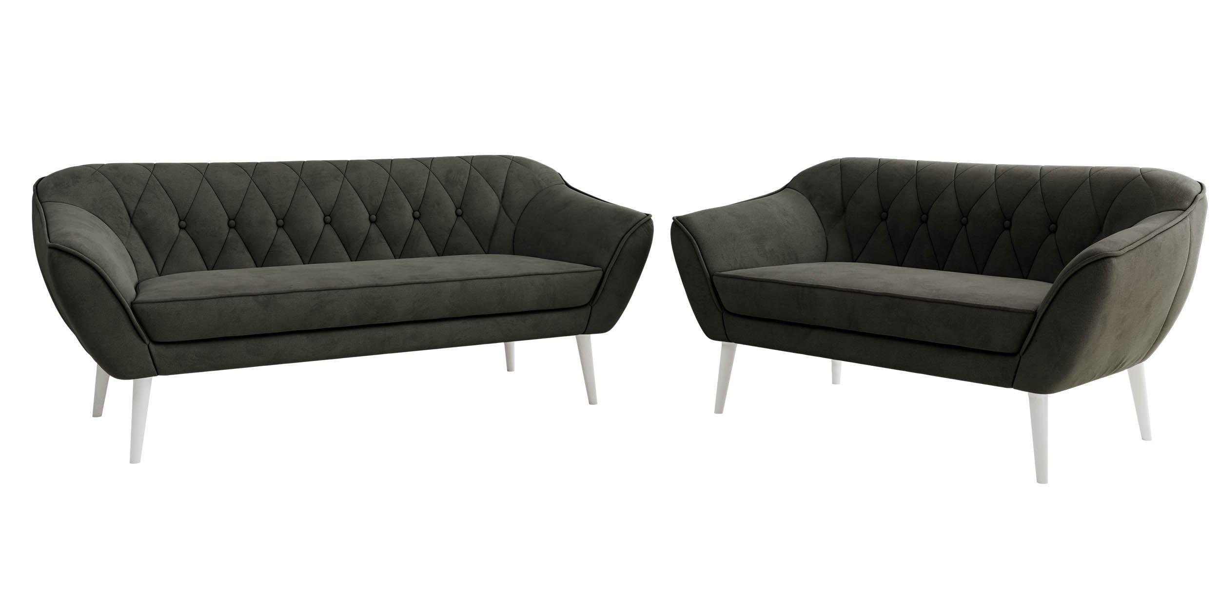 SITZGARNITUR PIRS 3+2 - Dunkelgrau Velvet - Weiße Beine - Dunkelgrau/Weiß, Holzwerkstoff/Textil (180/75/74cm) - MKS