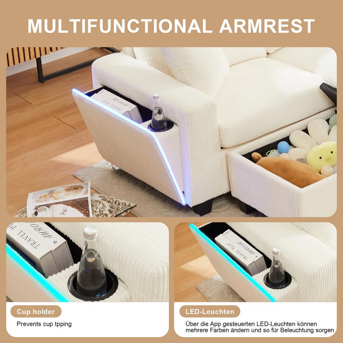 ECKSOFA aus Cord in Beige mit LED Beleuchtung & smarten USB-Anschlüssen - Beige, Textil (128/334cm) - Urban Meuble