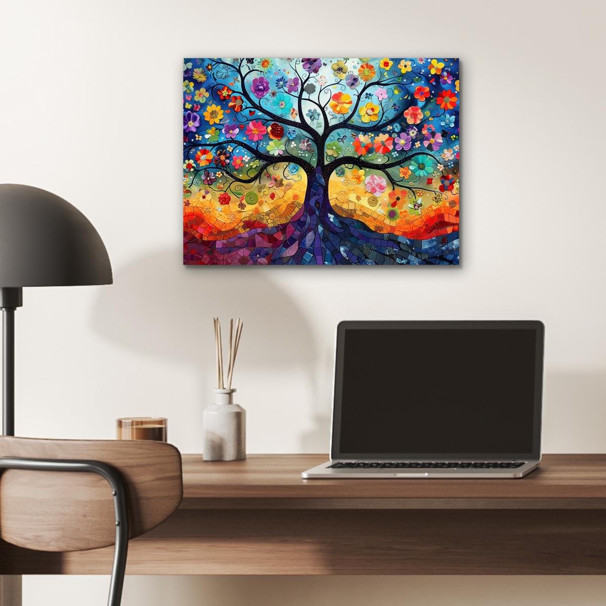METALLBILD Kunst - Baum des Lebens - Blumen - Hippie 40x30 cm - Dunkelblau, Metall (40/30cm) - MuchoWow