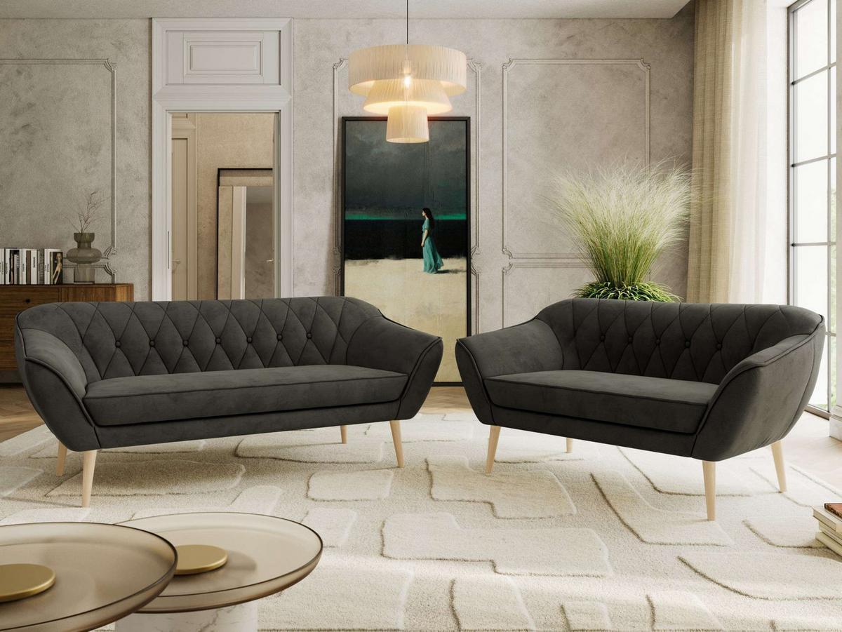 SITZGARNITUR PIRS 3+2 - Dunkelgrau Velvet - Holzbeine - Dunkelgrau/Buchefarben, Holzwerkstoff/Textil (180/75/74cm) - MKS