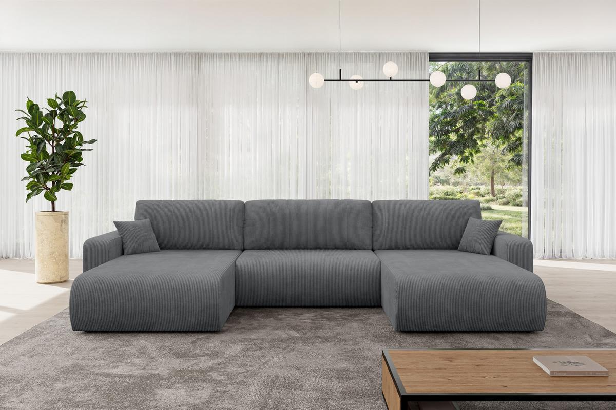 WOHNLANDSCHAFT mit Schlaffunktion und Bettkasten BERY-U 377x193x88 Dunkelgrau Cord - Dunkelgrau/Schwarz, Holzwerkstoff/Kunststoff (377/88/193cm) - ALTDECOR
