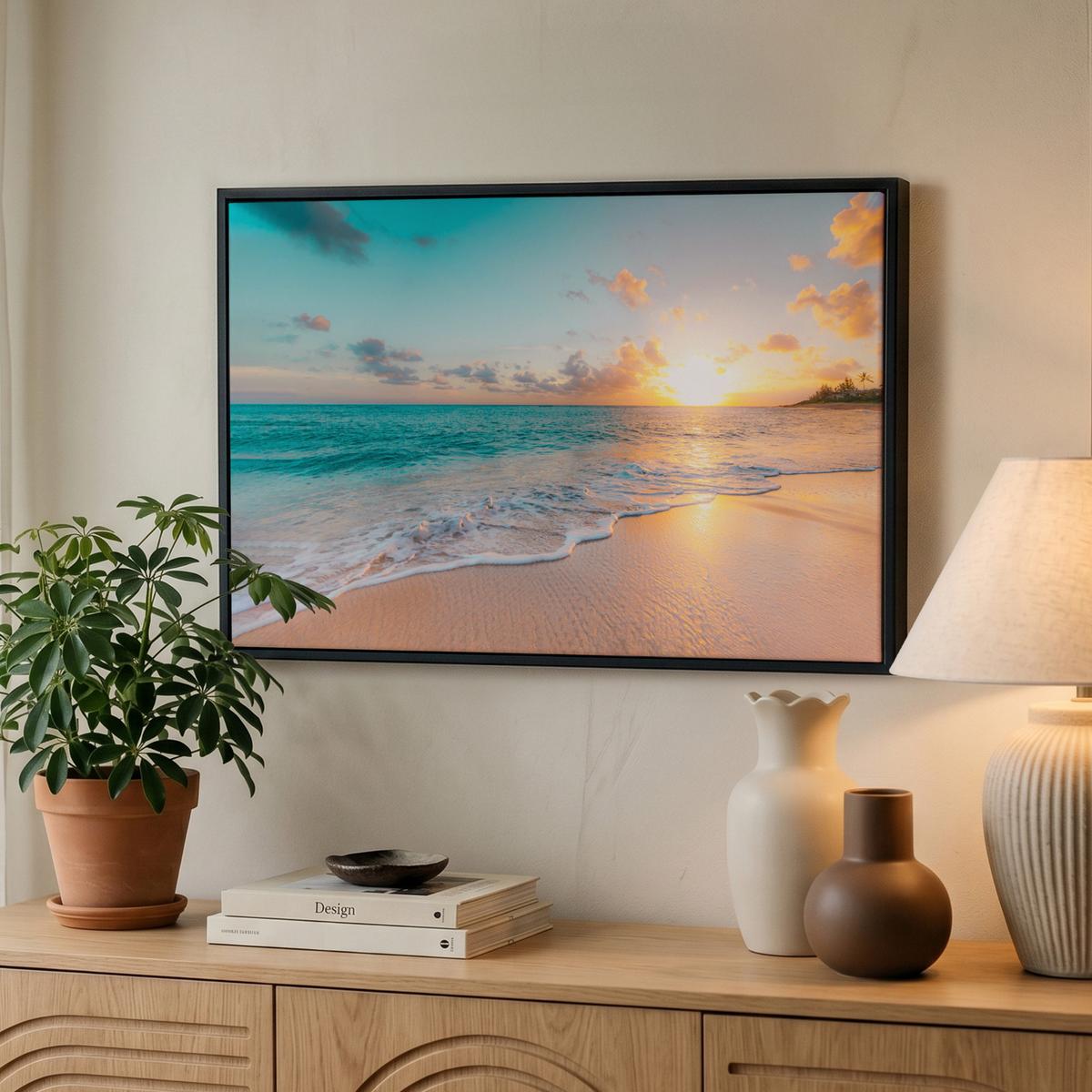 LEINWAND Bilder mit Rahmen - Sonnenuntergang - Strand - Meer - Sommer - Blau - 60x40 - Multicolor, Textil (60/40cm) - MuchoWow