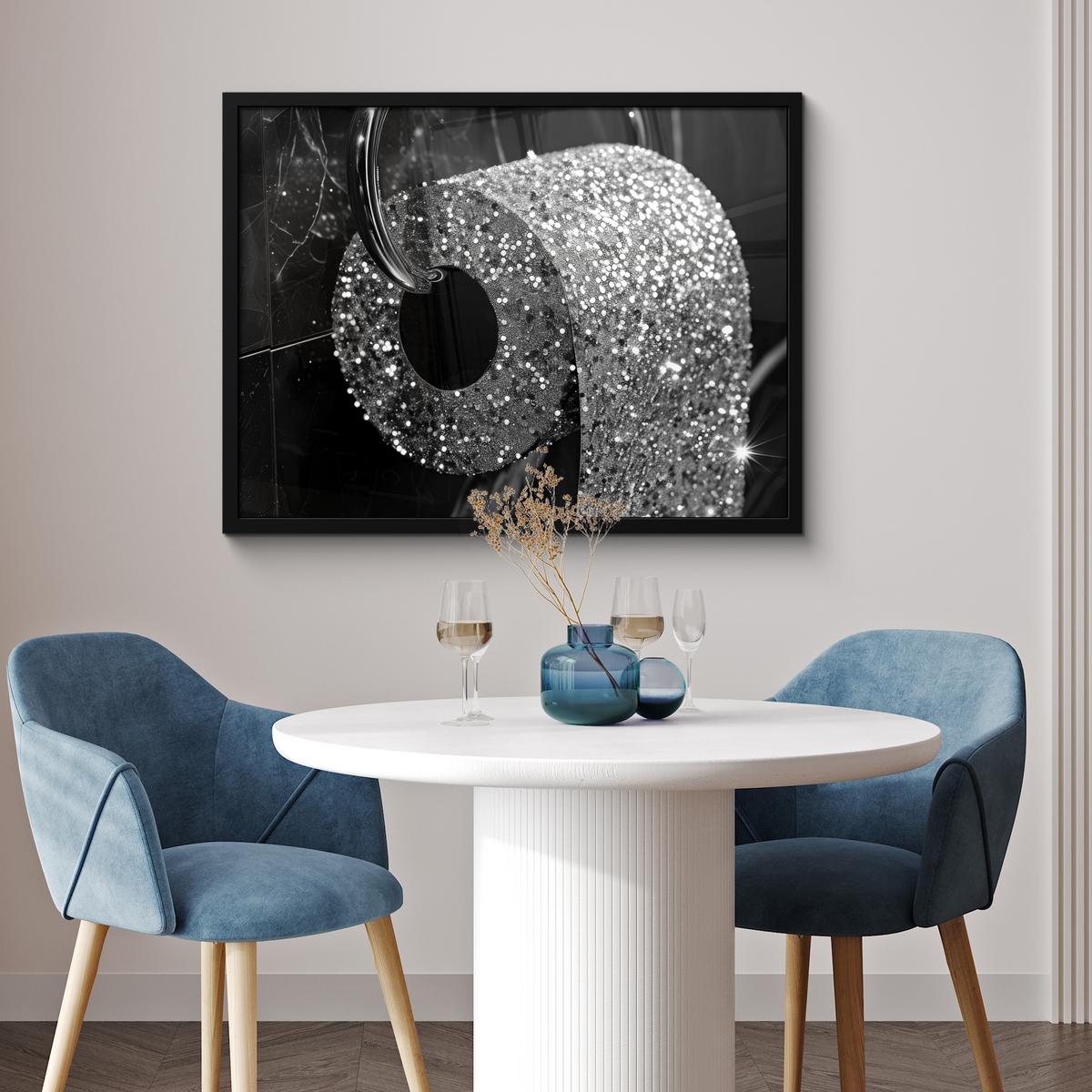 POSTER MIT RAHMENGERAHMTES BILD WC - Toilettenpapier - Schwarz und weiß - Glitter 80x60 cm - Silberfarben, Papier (80/60cm) - MuchoWow