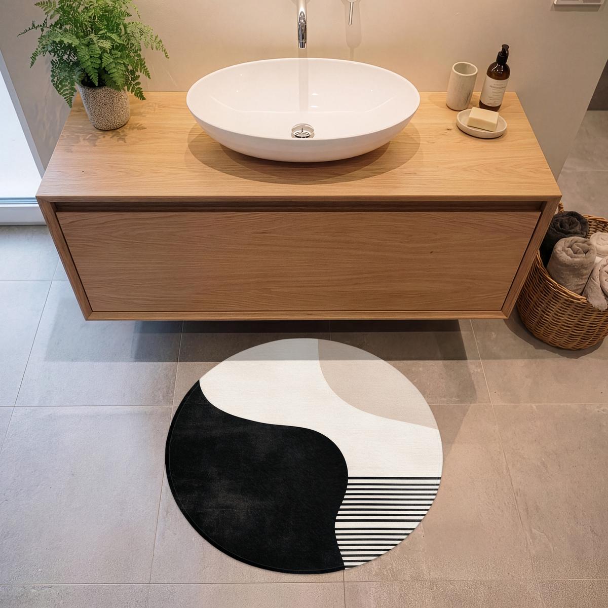 BADEMATTE Abstrakt - Japandi - Beige - Modern Badvorleger 70x70 cm - Beige/Schwarz, Textil (70/70cm) - OnlyWow