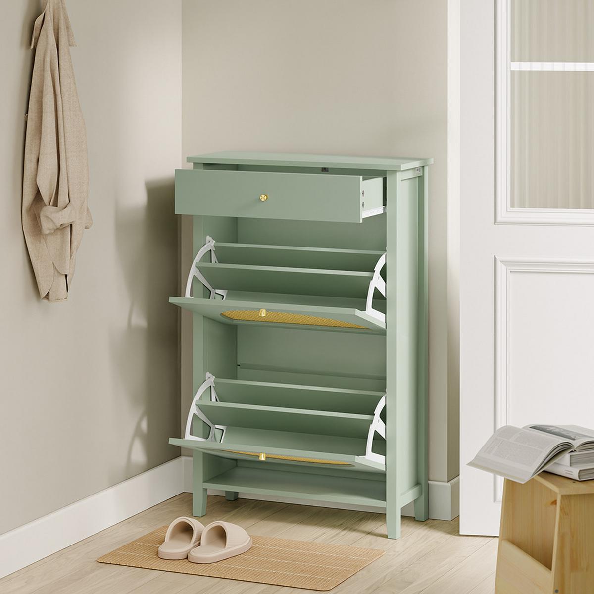SCHUHSCHRANK mit 2 Klappen und 1 Schublade Grün 62x25x97cm - Grün, Holzwerkstoff (62/97/25cm) - SoBuy