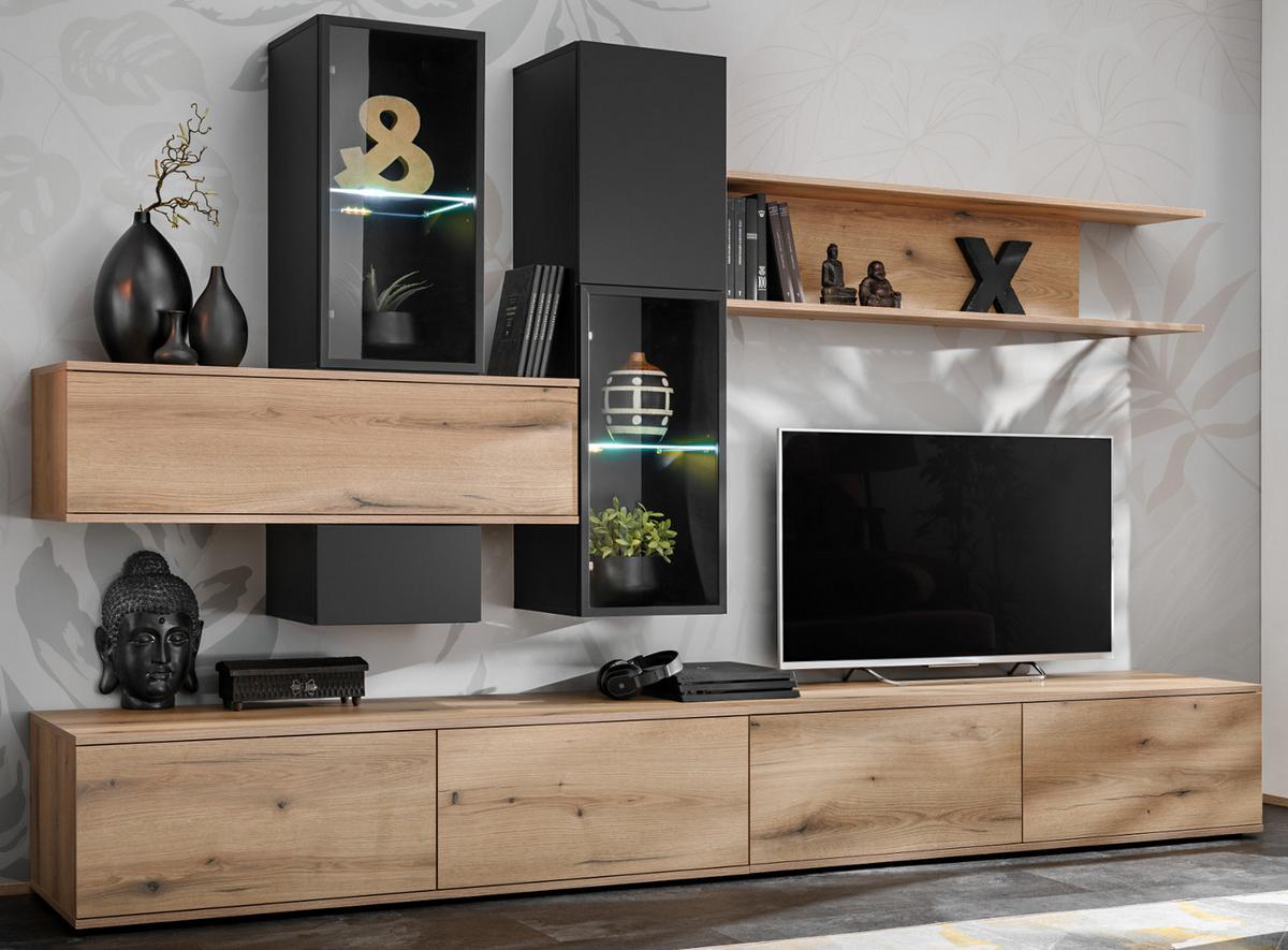 WOHNWAND Eiche, schwarz 280 cm, Schrankwand mit Push-to-Open inklusive Beleuchtung - Eichefarben/Schwarz, Glas/Holzwerkstoff (280/180/45cm) - Furn.Design