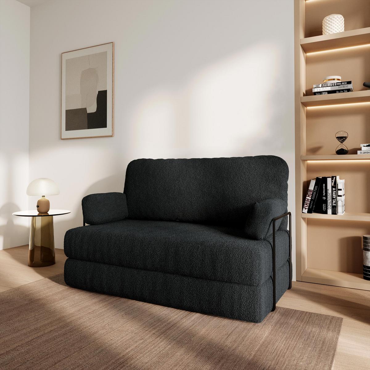 BETTSOFA KESTE aus Schaumstoff Bucle-Stoff Schwarz Schlaffunktion - Schwarz, Textil (140/86/60cm) - MASSENO