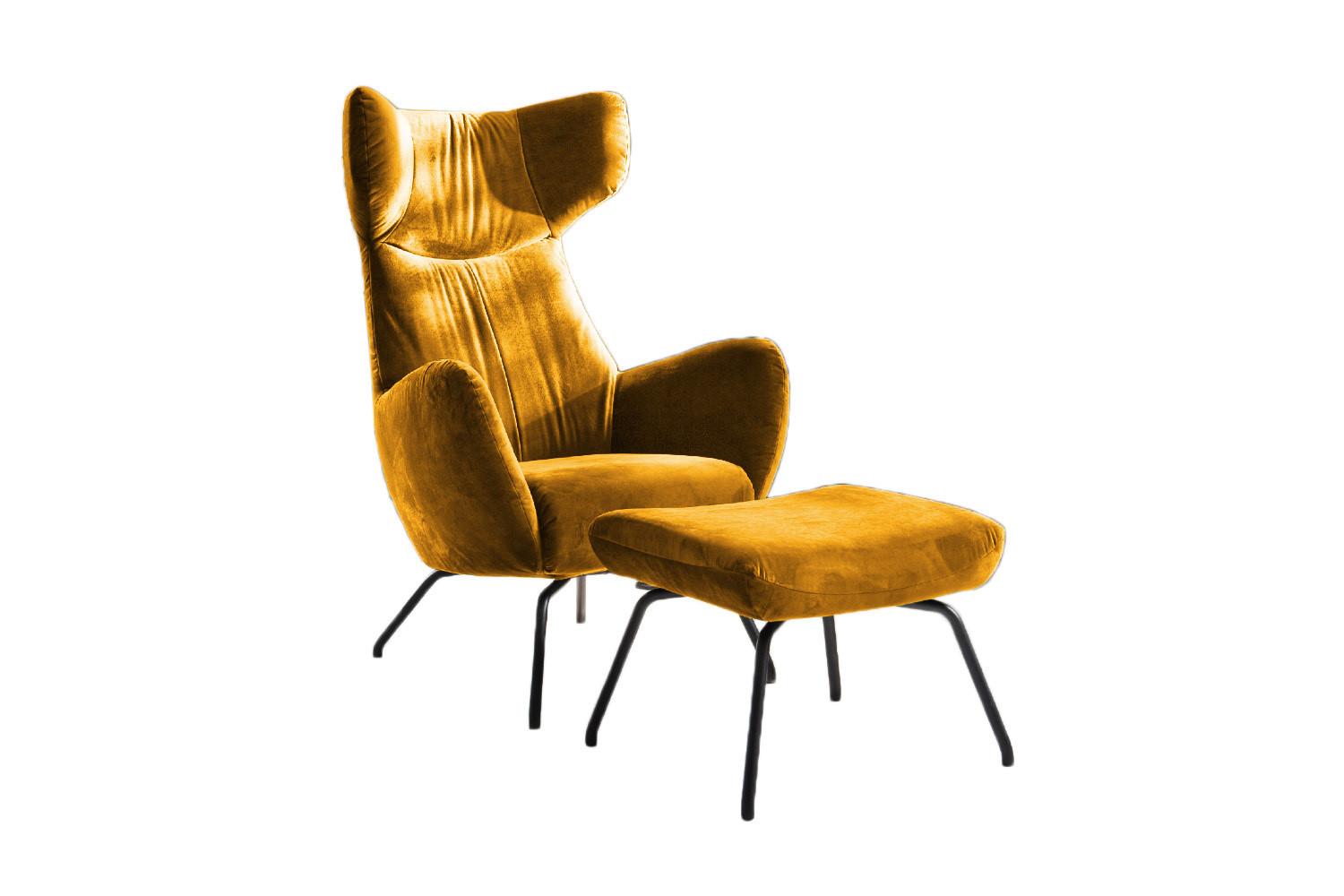 SESSEL MIT HOCKER LOTTE Gelb Velvet - Currygelb/Schwarz, Textil (79/117/82cm) - KAWOLA