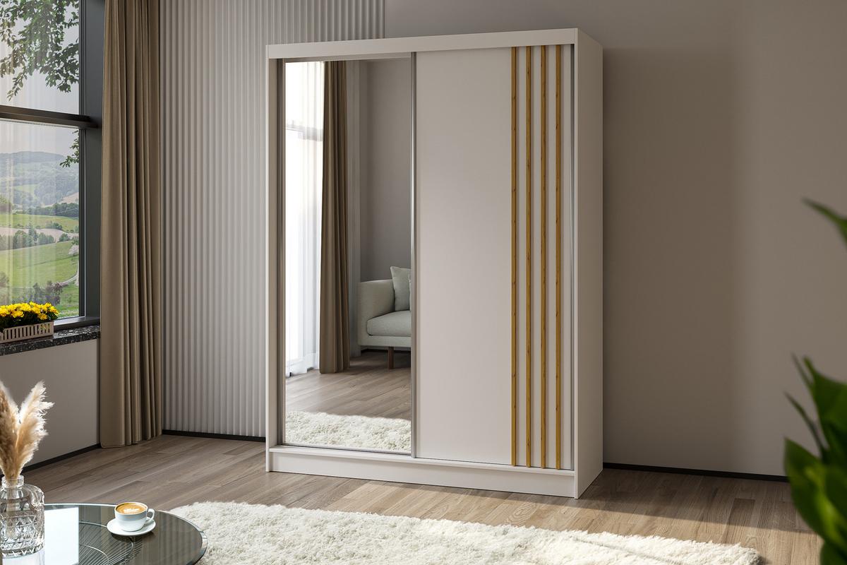 KLEIDERSCHRANK mit Spiegel-Schiebetüren und Aluminium-Leisten - NALLA - 160 cm Weiß+Weiß+Artisan - Weiß/Eiche Artisan, Holzwerkstoff (160/216/61cm) - ALTDECOR