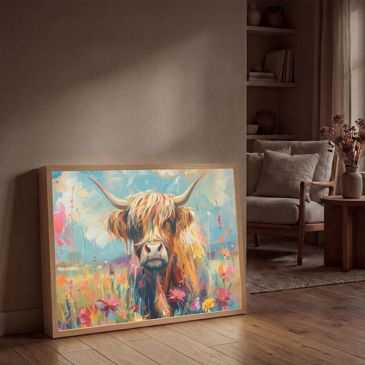 WANDLEUCHTE MIT AKKU Schottische Hochländer - Natur - Farbenfroh - Blumen 90x60 cm - Multicolor, Holzwerkstoff (90/60/8cm) - OnlyWow