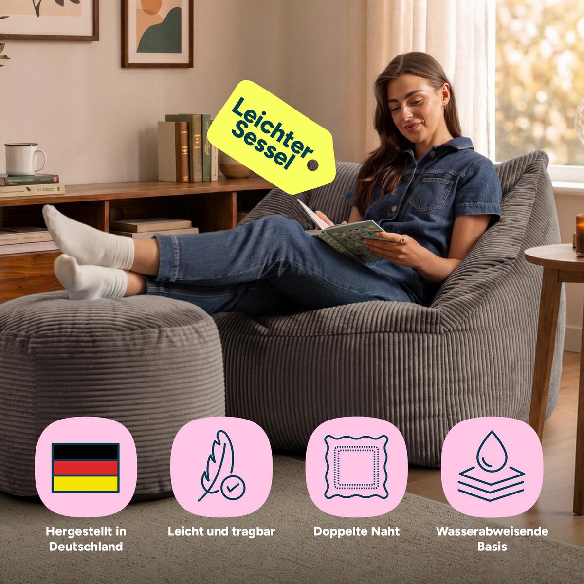 SITZSACK Sessel Natalia mit Sitzpouf - Grau, Textil (97/73/84cm) - icon