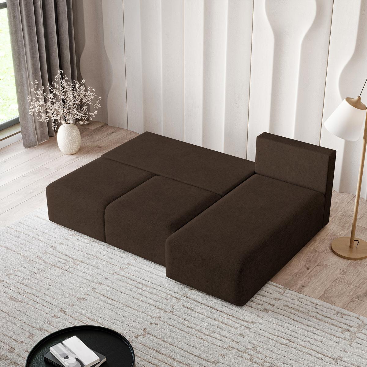 ECKSOFA TRAMA Braun Geflochtener Stoff mit Schlaffunktion - Braun, Holz (200/143cm) - MASSENO