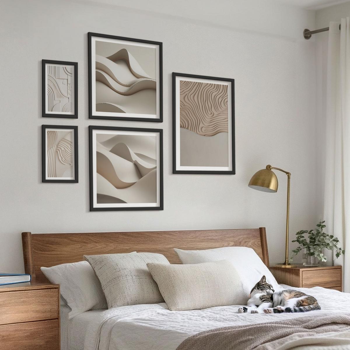 BILDER SET 5er Set - 50x50 cm & 20x30 cm & 40x60 cm Schwarzer Rahmen - Abstrakte Wellen auf dem Sand - Schwarz, Kunststoff (40/60cm) - TULUP