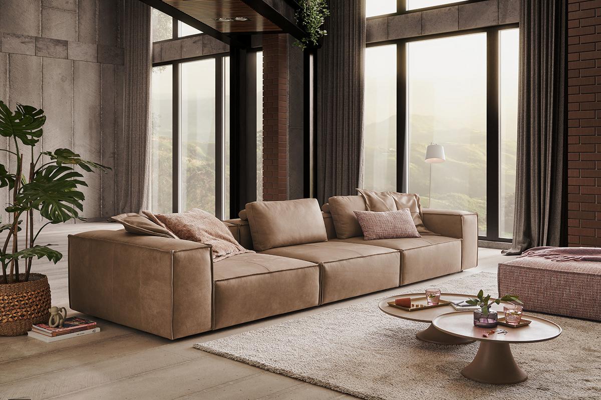 SOFA CARMO Taupe Leder - Taupe/Schwarz, Leder/Kunststoff (366/68/118cm) - KAWOLA