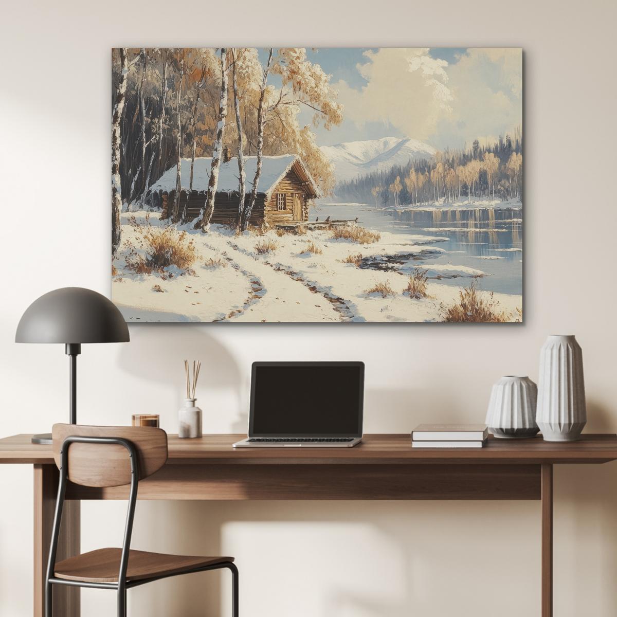 AKUSTIKBILD Winter - Schnee - Zuhause - Natur Wandbild Wohnzimmer 100x70 cm - Hellbraun, Kunststoff (100/70/0.9cm) - MuchoWow