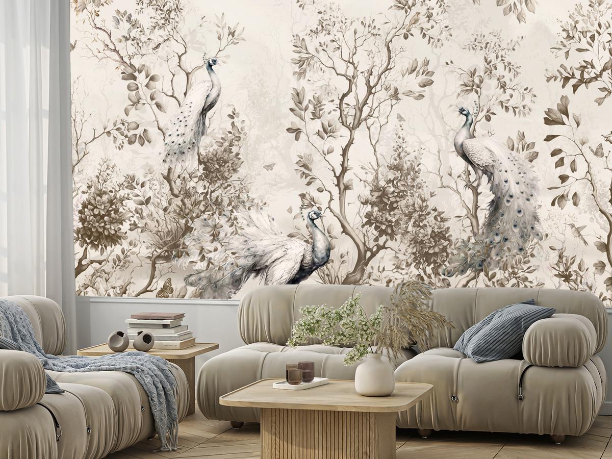 FOTOTAPETE für Wohnzimmer Pfauen Zwischen Bäumen Büsche Blätter 450x315 - Beige, Papier (450/315cm) - Muralo