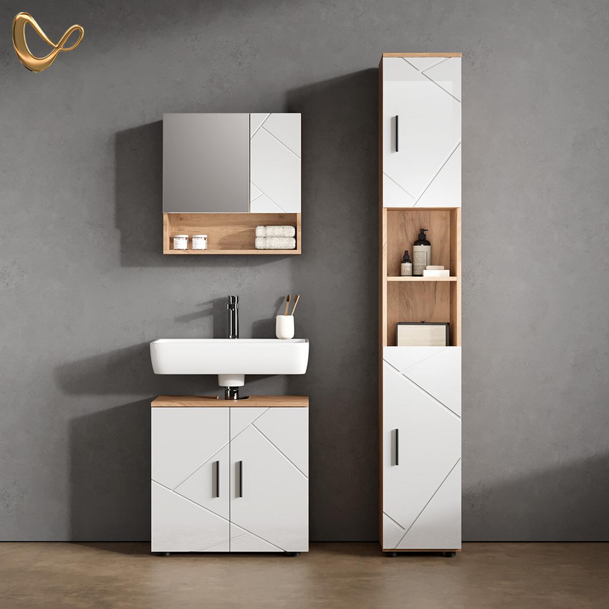 WASCHBECKENUNTERSCHRANK Ronco Weiß Hochglanz/Goldkraft Eiche 60 x 59 cm - Honigeiche/Weiß Hochglanz, Holzwerkstoff (60/59/30cm) - Livinity®