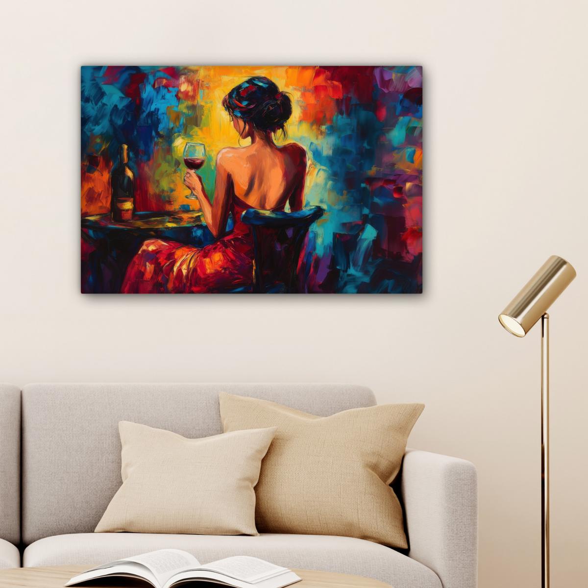 LEINWANDBILD Wein - Frau - Stimmungsvoll - Farbenfroh Wanddeko 90x60 cm - Bordeaux, Textil (90/60cm) - MuchoWow