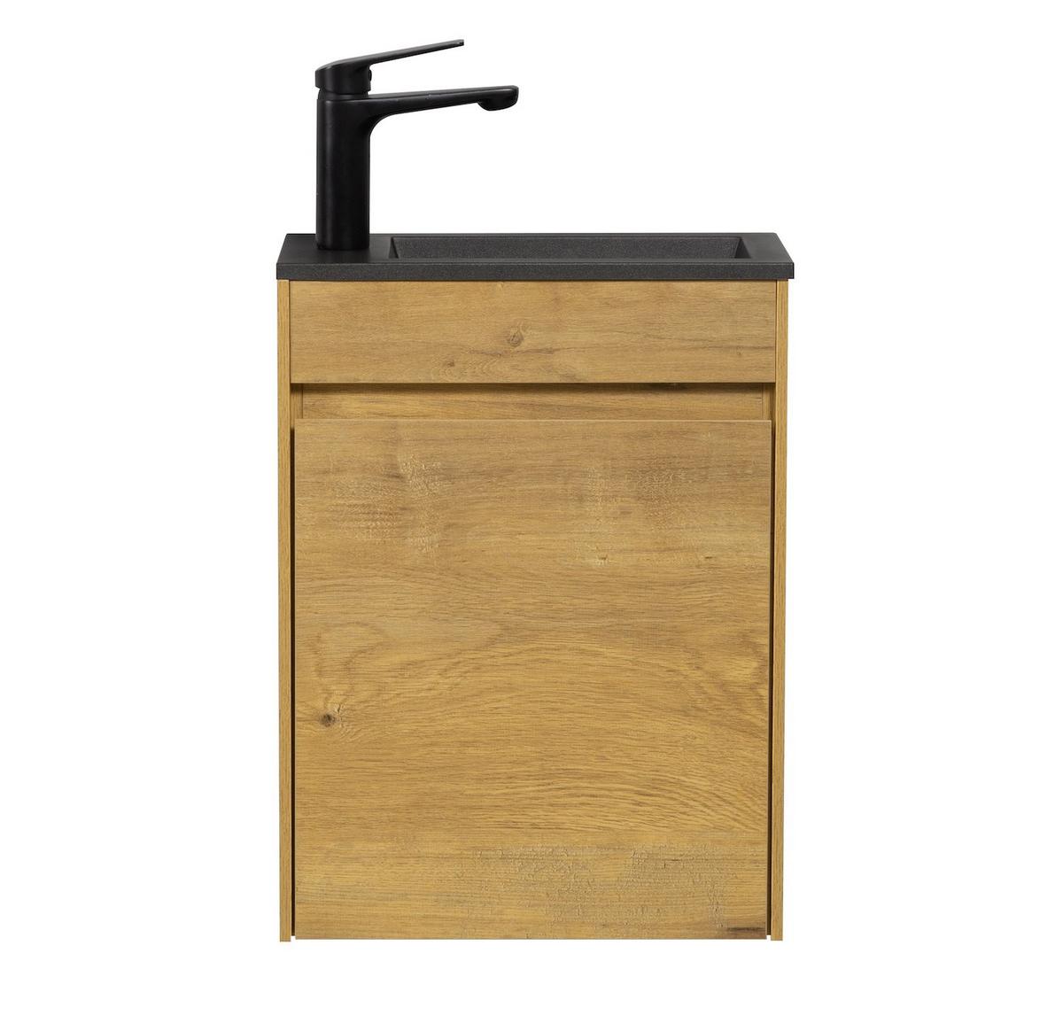 GÄSTE-WC-MÖBELSET Sinta 2 Teile Eiche - Schwarze Waschbecken - 40 x 22 x 54 cm - Eichefarben/Schwarz, Holz (40/54/22cm) - Badplaats