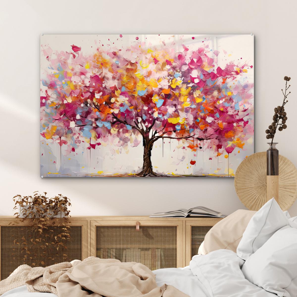 ACRYLGLASBILD Aquarell - Baum - Kunst - Abstrakt Wandbild Schlafzimmer 120x80 cm - Multicolor, Glas (120/80cm) - MuchoWow