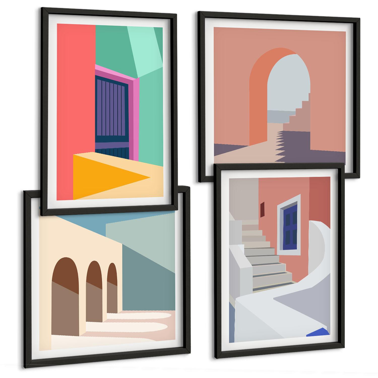 BILDER SET 4er Set - 50x50 cm & 40x60 cm Schwarzer Rahmen - Farbenfrohe moderne Gebäude - Schwarz, Kunststoff (50/50cm) - TULUP