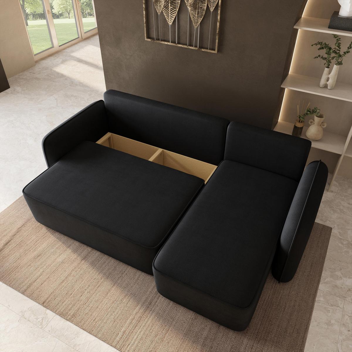 ECKSOFA DOLVER Schwarz Plüsch-Stoff mit Schlaffunktion - Schwarz, Holz (238/156cm) - MASSENO