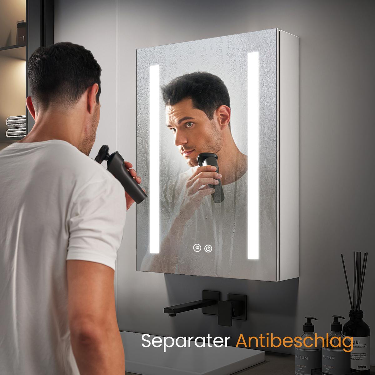 SPIEGELSCHRANK mit Beleuchtung silberweiß 60/40/14,5 - Weiß, Glas/Metall (40/60/14.5cm) - EMKE