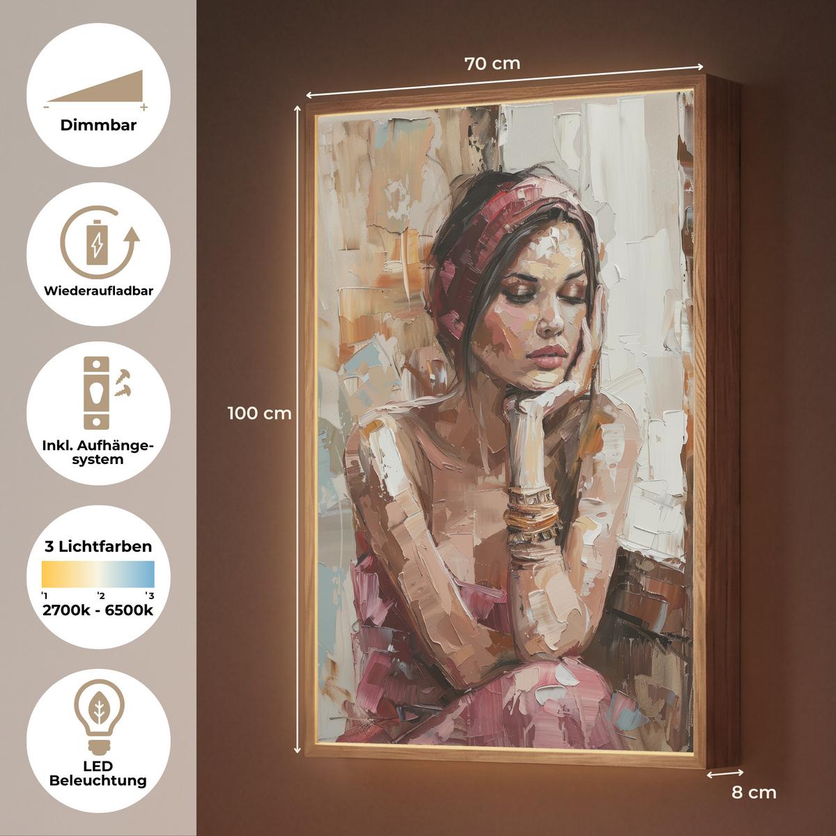 WANDLEUCHTE MIT AKKU Frau - Lackierung - Porträt - Modern 70x100 cm - Braun, Holzwerkstoff (70/100/8cm) - OnlyWow