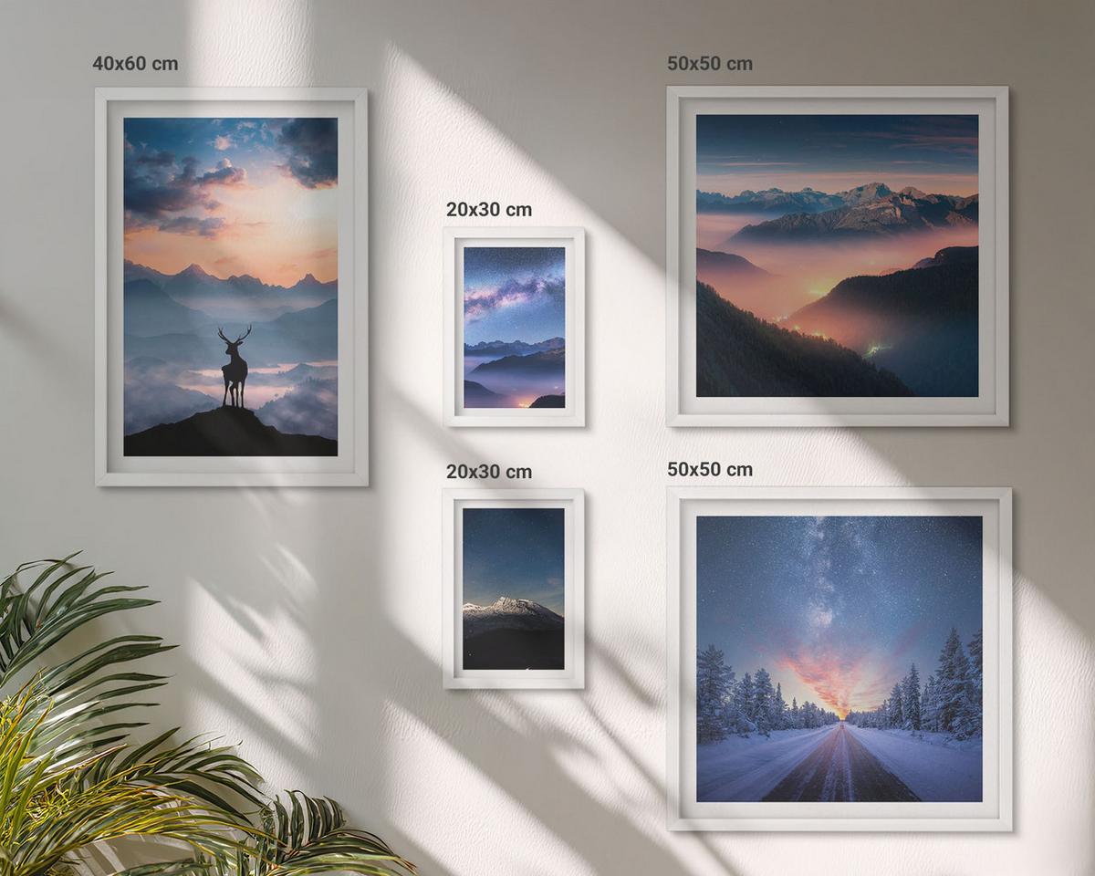 BILDER SET 5er Set - 50x50 cm & 20x30 cm & 40x60 cm Weißer Rahmen - Nachthimmel Berge Nebel Hirsch - Weiß, Kunststoff (40/60cm) - TULUP
