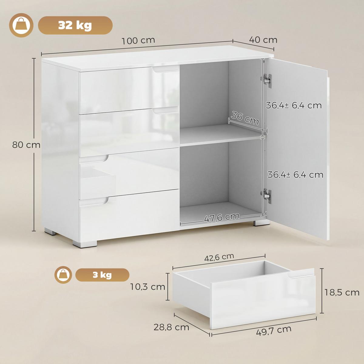 SIDEBOARD MDF Hochglanz-Weiß - Weiß Hochglanz, Holzwerkstoff (40/80/100cm) - HOMCOM