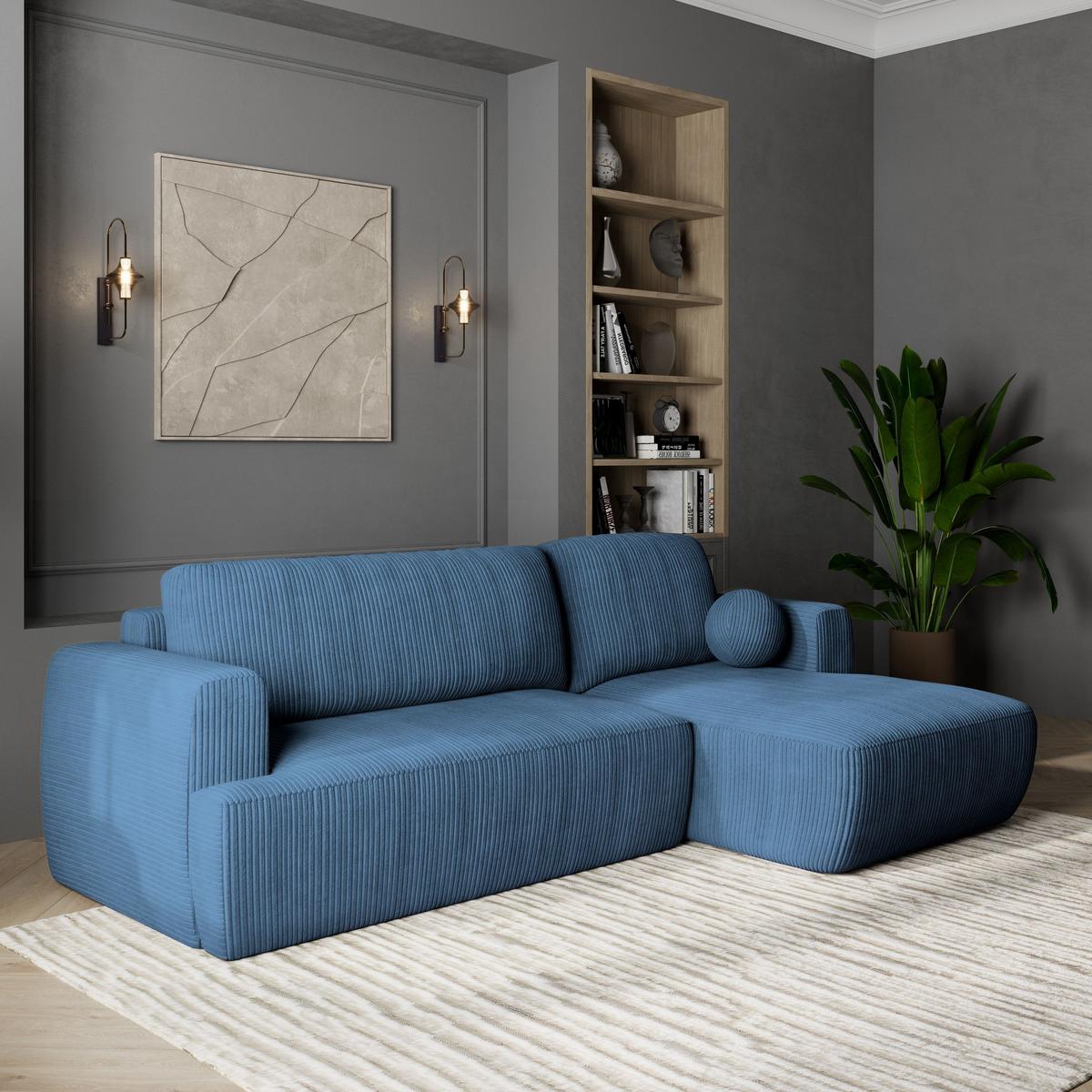 ECKSOFA SENTI P R-S Blau Kordstoff mit Schlaffunktion - Blau/Schwarz, Holz/Kunststoff (246/148cm) - MASSENO