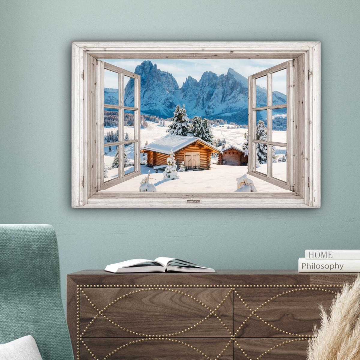 LEINWANDBILD Winterlandschaft - Hütte - Berge - Ausblicke - Aussicht - Natur Gemälde 60x40 cm - Weiß Hochglanz, Textil (60/40cm) - MuchoWow