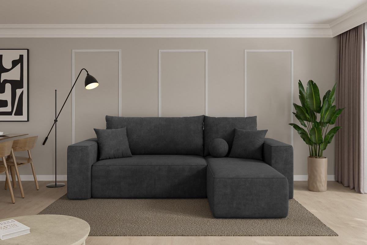 ECKSOFA mit Schlaffunktion Ottomane Rechts SENO-L 249x139x85 Dunkelgrau Velours - Anthrazit/Schwarz, Holzwerkstoff/Kunststoff (249/139cm) - ALTDECOR