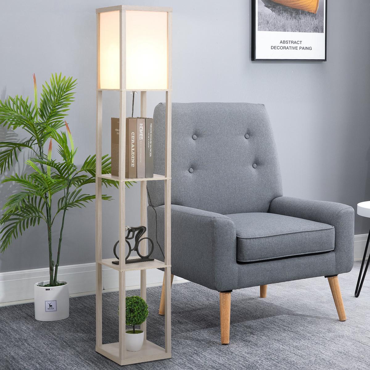 STEHLEUCHTE Beleuchtung mit 3 Regalen E27 bis 40W E1-MDF Eiche+Weiß - Eichefarben, Textil (26/26/160cm) - HOMCOM