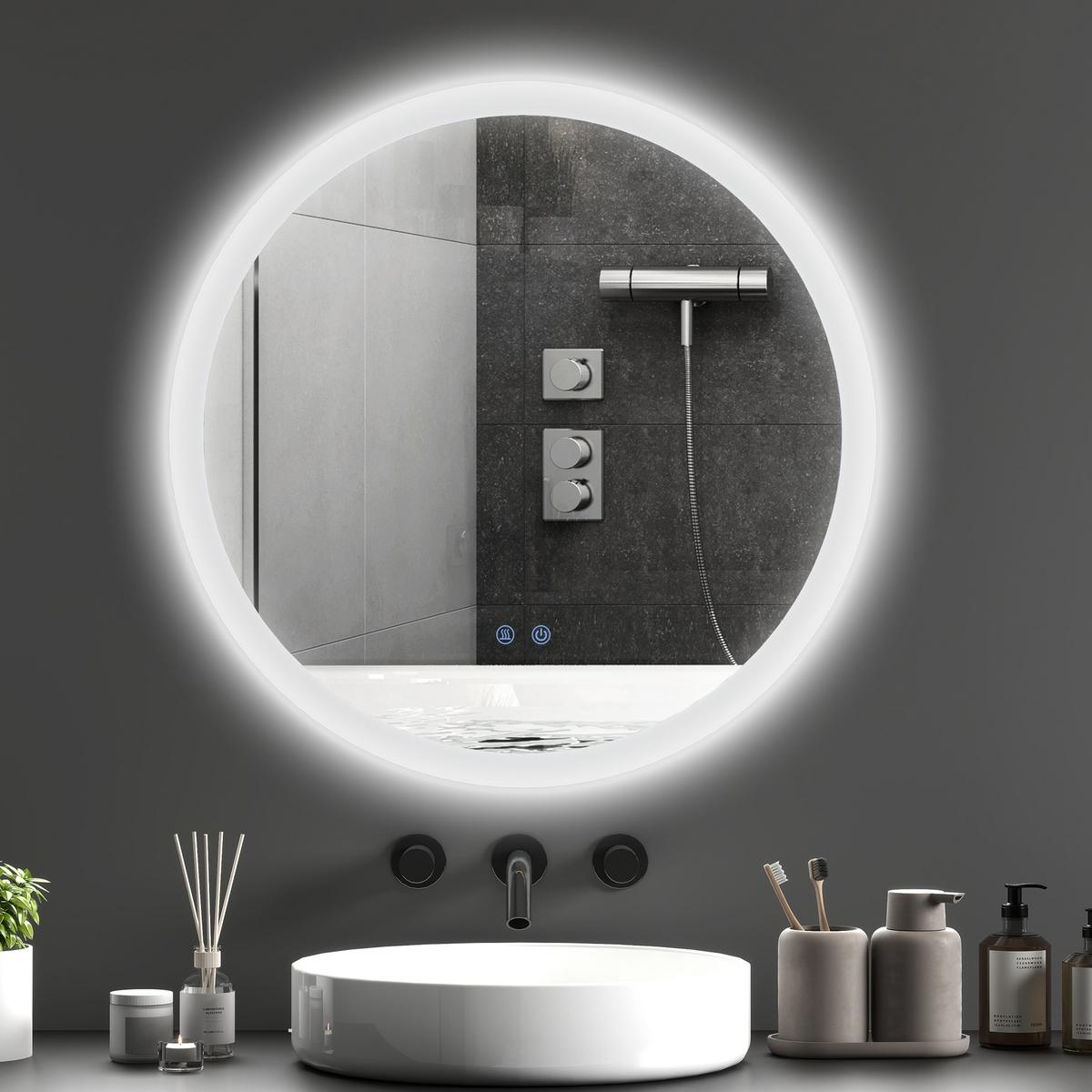 BADSPIEGEL mit Beleuchtung, Ø70 cm Wandspiegel mit 3 Lichtfarben, Anti-Beschlag - Silberfarben, Glas (70/3/70cm) - Kleankin